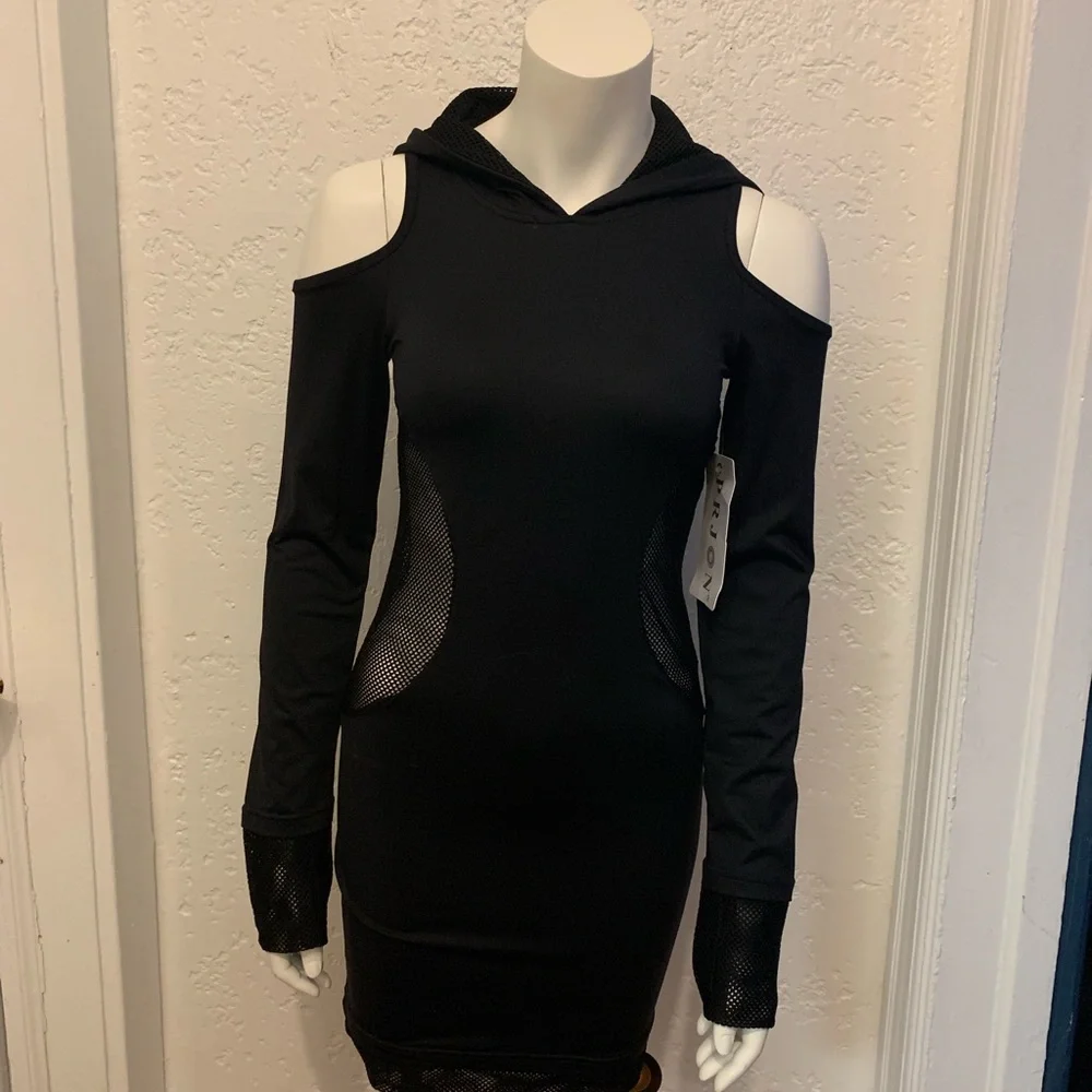 Prjon Cold Shoulder Cat Ear Hoodie Dress BLACK - Picture 4 of 5